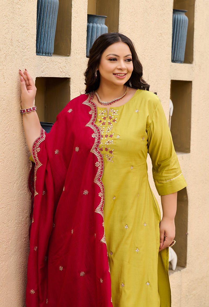 Plus Size Parrot Green Silk Kurta Set with Magenta Dupatta