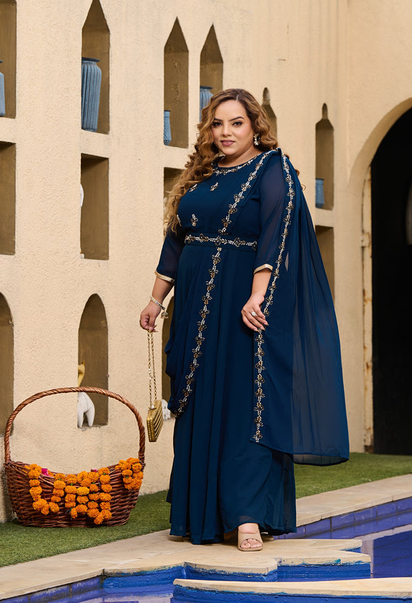 Plus Size Cosmic Teal Blue Hand Work Georgette Drape Saree with Belt