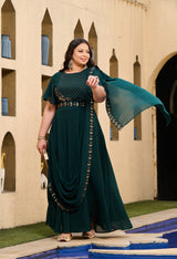 Plus Size Sizzling Bottle Green Embellished Georgette Drape Saree with Belt