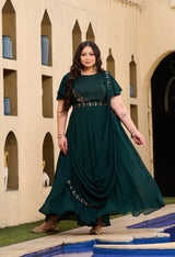 Plus Size Sizzling Bottle Green Embellished Georgette Drape Saree with Belt