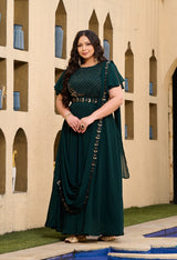 Plus Size Sizzling Bottle Green Embellished Georgette Drape Saree with Belt