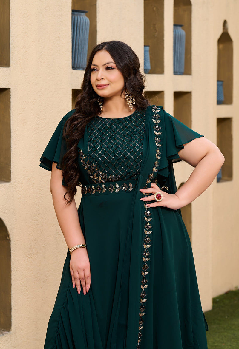 Plus Size Sizzling Bottle Green Embellished Georgette Drape Saree with Belt