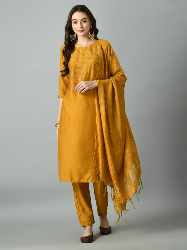 Yellow Siroski Embellished Kurta Pant Set with Dupatta