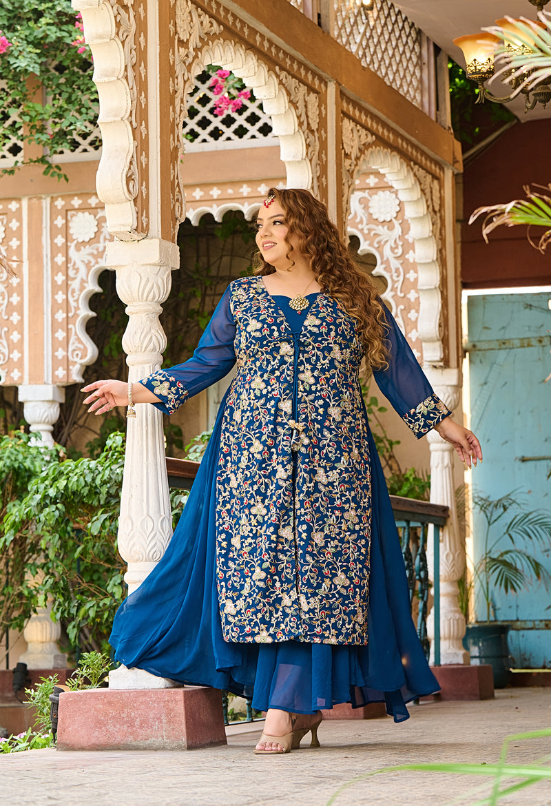 Plus Size Teal Blue Cape Georgette Anarkali Set