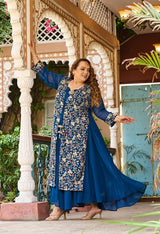 Plus Size Teal Blue Cape Georgette Anarkali Set