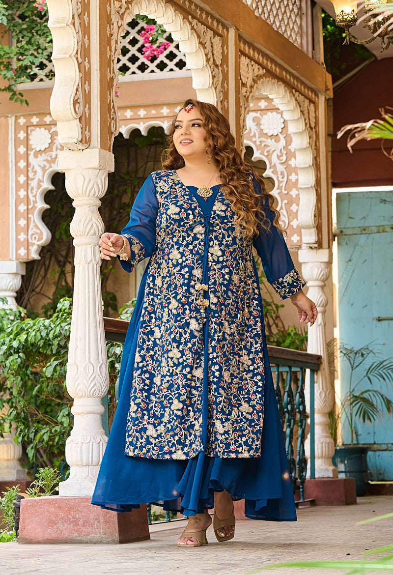 Plus Size Teal Blue Cape Georgette Anarkali Set