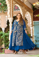 Plus Size Teal Blue Cape Georgette Anarkali Set