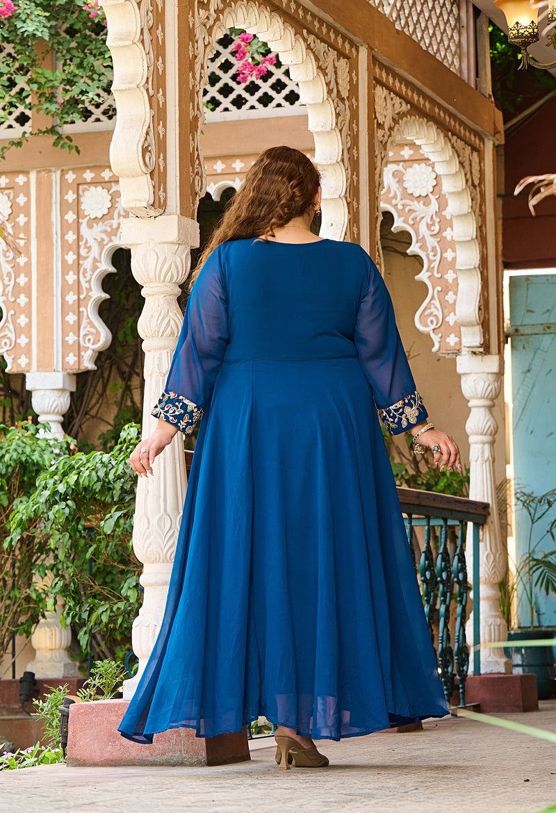 Plus Size Teal Blue Cape Georgette Anarkali Set