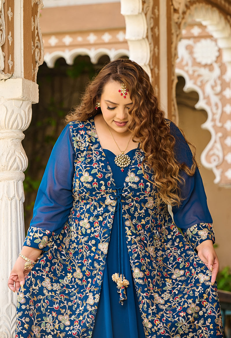 Plus Size Teal Blue Cape Georgette Anarkali Set