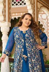 Plus Size Teal Blue Cape Georgette Anarkali Set