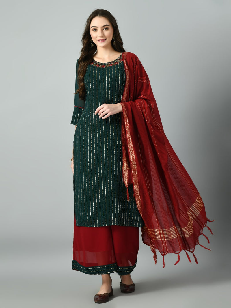 Plus Size Women Mukaish Bottle Green Kurta Set with Dupatta