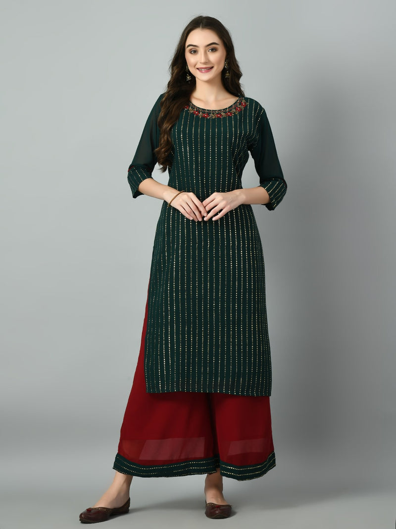 Plus Size Women Mukaish Bottle Green Kurta Set with Dupatta