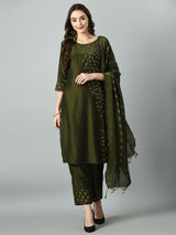 Plus Size Mehendi Green Beads & Stones Kurta Set with Dupatta