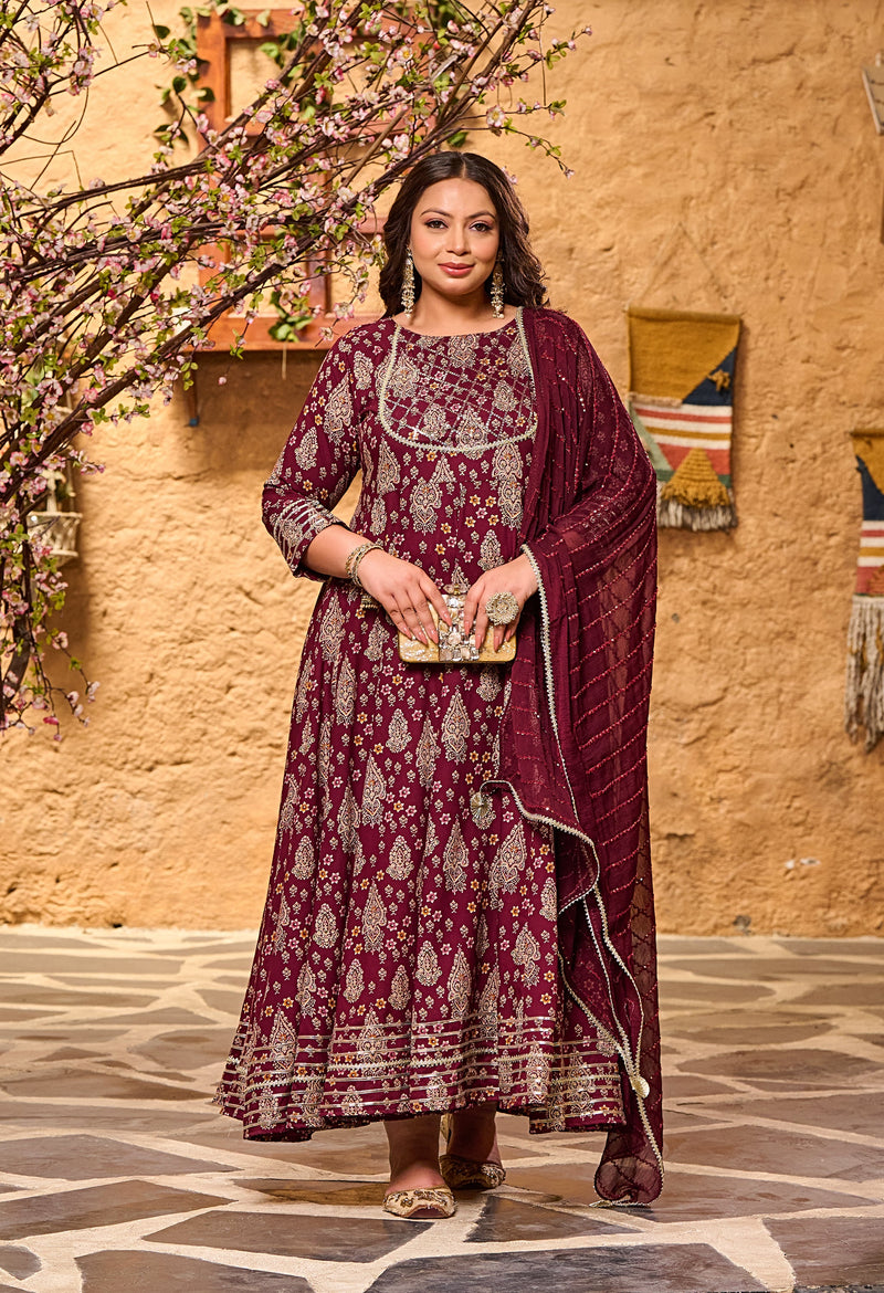 Plus Size Glorious Wine Embellished Anarkali with Dupatta