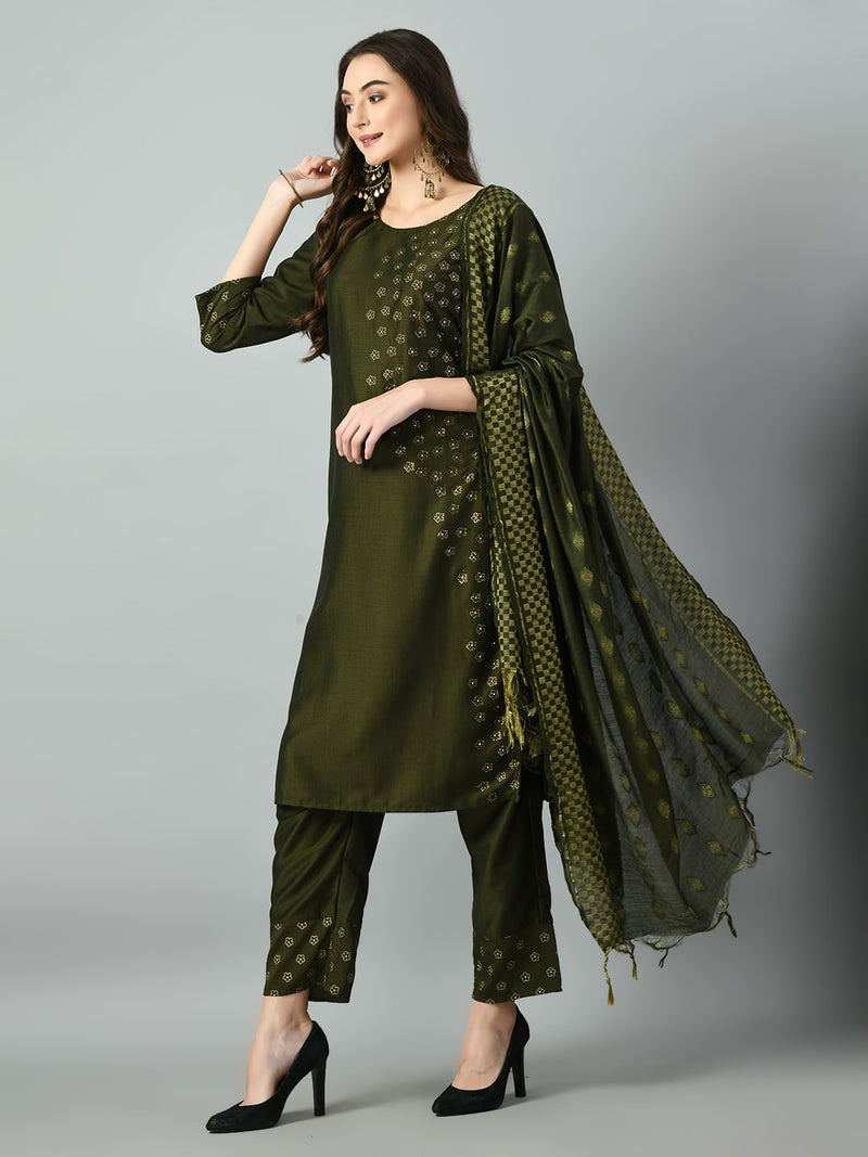 Plus Size Mehendi Green Beads & Stones Kurta Set with Dupatta