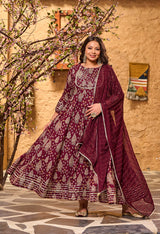 Plus Size Glorious Wine Embellished Anarkali with Dupatta