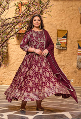 Plus Size Glorious Wine Embellished Anarkali with Dupatta