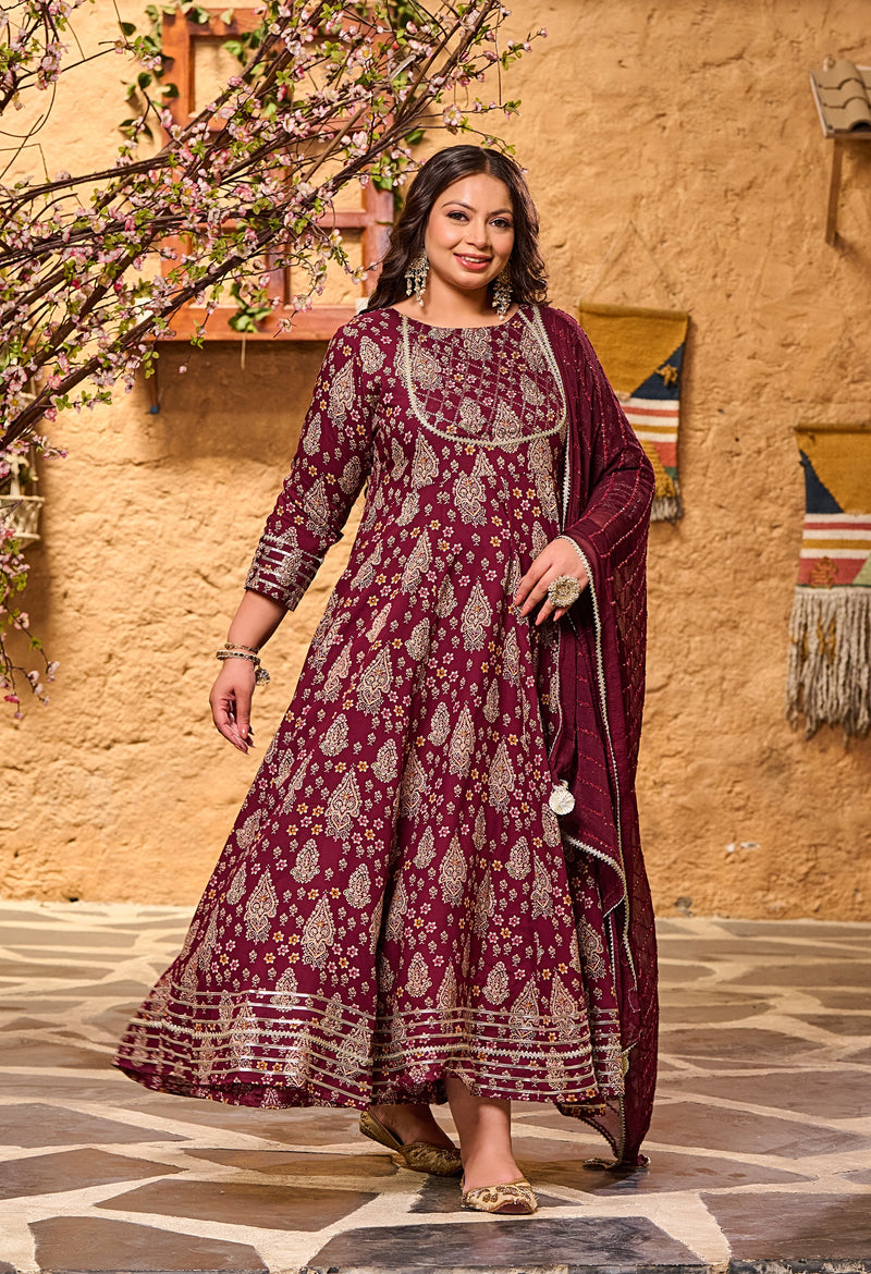 Plus Size Glorious Wine Embellished Anarkali with Dupatta