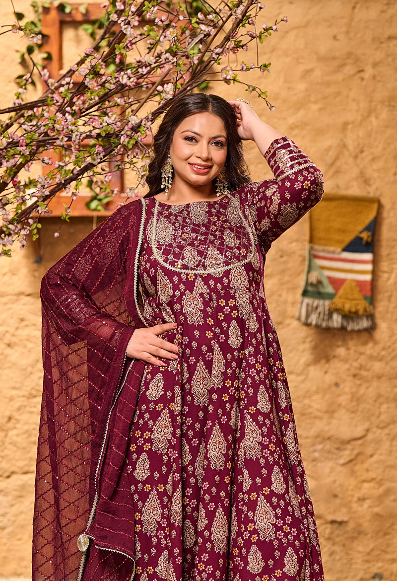 Plus Size Glorious Wine Embellished Anarkali with Dupatta