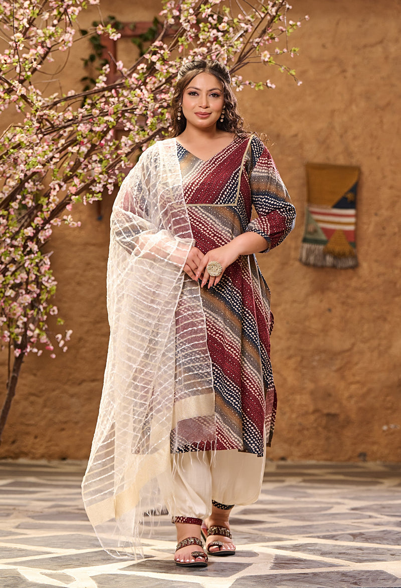 Plus Size Maroon Leheriya Kurta Set with Dupatta