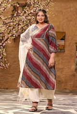 Plus Size Maroon Leheriya Kurta Set with Dupatta