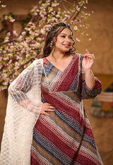 Plus Size Maroon Leheriya Kurta Set with Dupatta