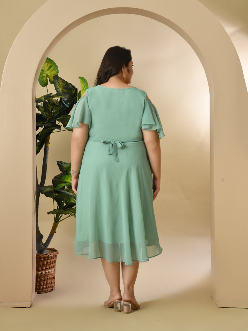 Plus Size Sea Green Cold Shoulder Georgette Dress