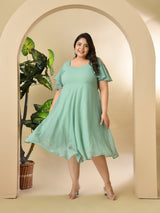 Plus Size Sea Green Cold Shoulder Georgette Dress