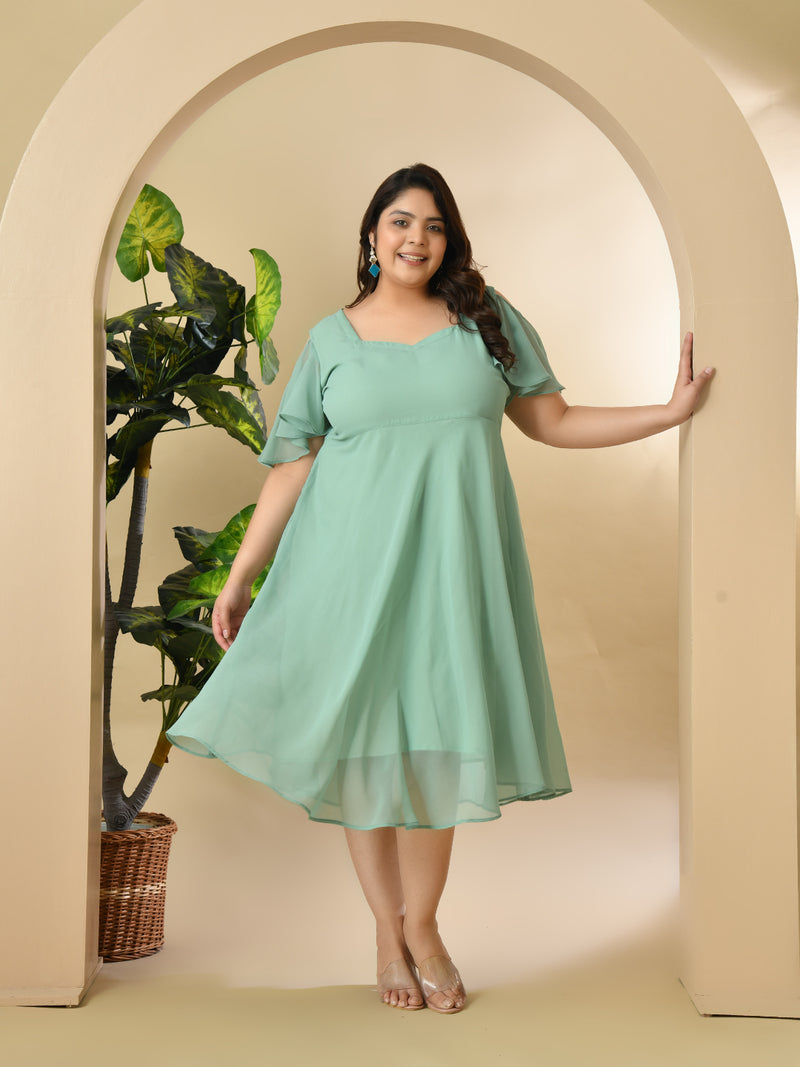 Plus Size Sea Green Cold Shoulder Georgette Dress