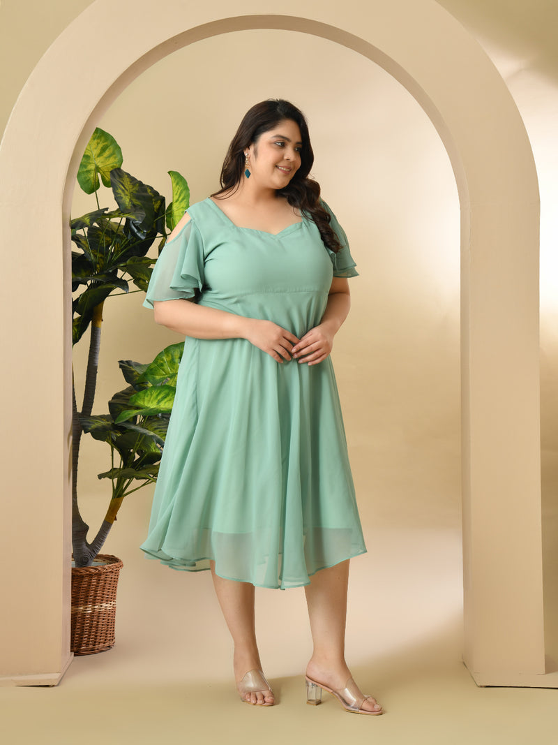 Plus Size Sea Green Cold Shoulder Georgette Dress