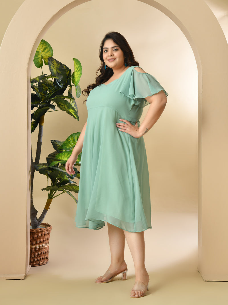 Plus Size Sea Green Cold Shoulder Georgette Dress