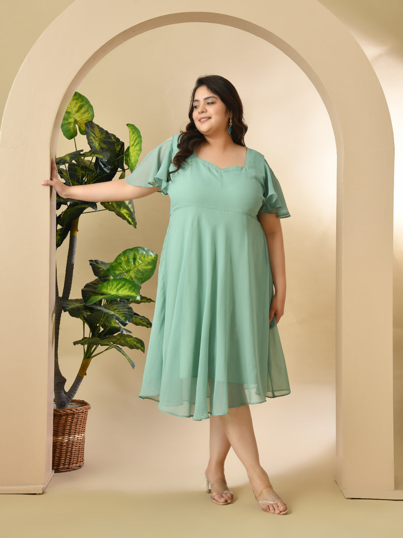 Plus Size Sea Green Cold Shoulder Georgette Dress