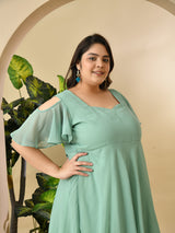 Plus Size Sea Green Cold Shoulder Georgette Dress