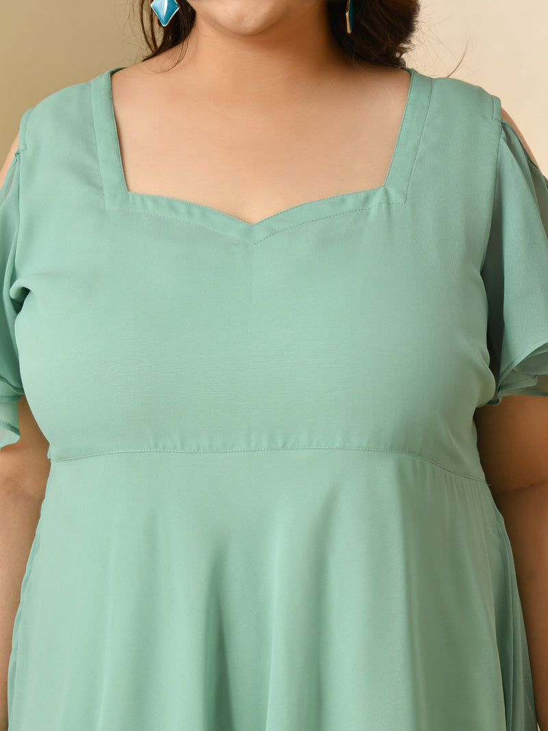 Plus Size Sea Green Cold Shoulder Georgette Dress