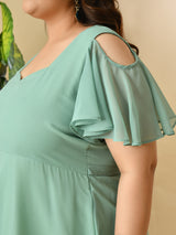 Plus Size Sea Green Cold Shoulder Georgette Dress