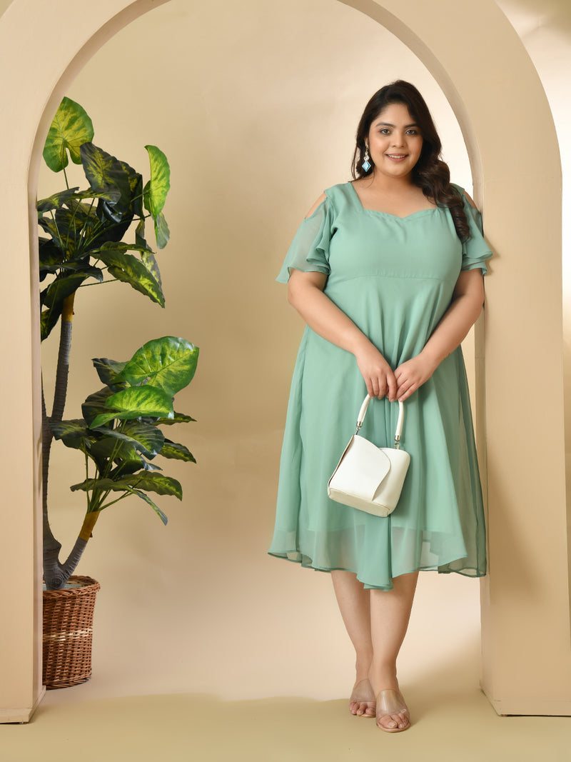 Plus Size Sea Green Cold Shoulder Georgette Dress