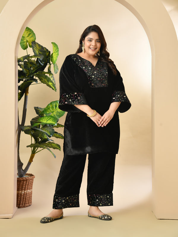 Plus Size Black Embroidered Velvet Co-ord Set