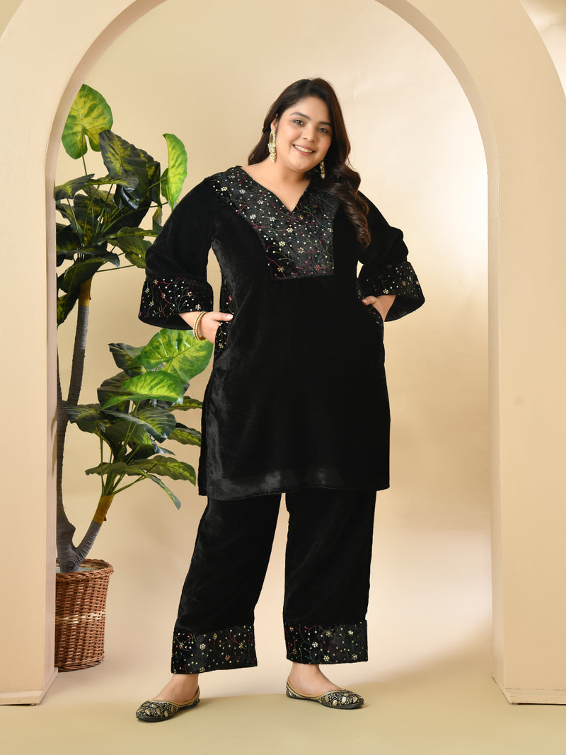 Plus Size Black Embroidered Velvet Co-ord Set