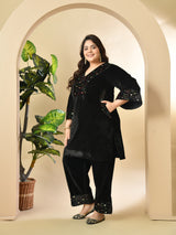 Plus Size Black Embroidered Velvet Co-ord Set