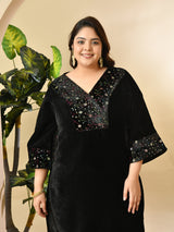 Plus Size Black Embroidered Velvet Co-ord Set