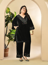 Plus Size Black Embroidered Velvet Co-ord Set