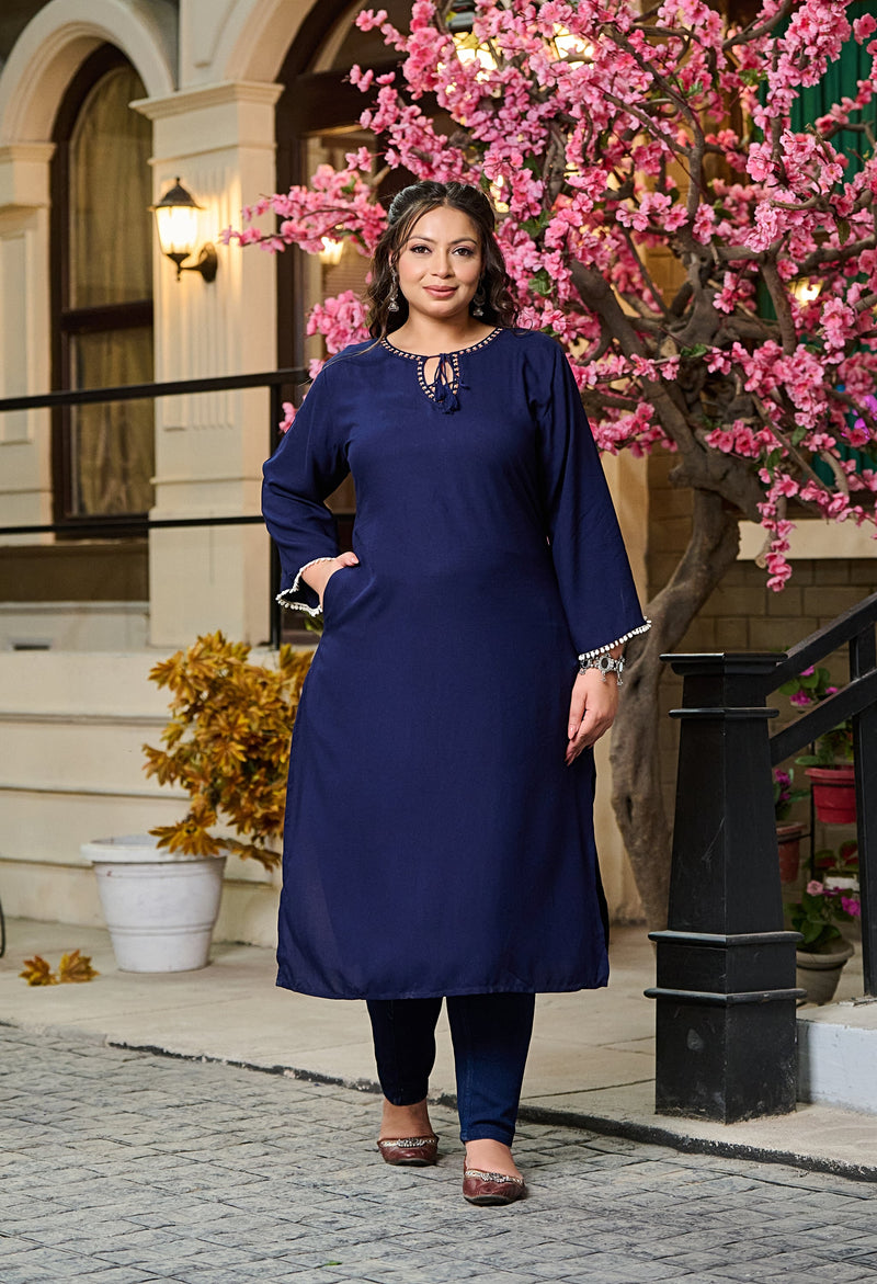 Plus Size Navy Blue Anchor Embroidered Rayon Kurta