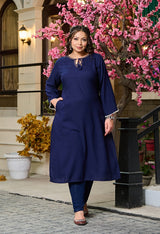 Plus Size Navy Blue Anchor Embroidered Rayon Kurta