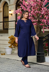 Plus Size Navy Blue Anchor Embroidered Rayon Kurta