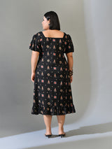 Kiara Black Multicolour Printed Cotton Midi Dress with Puff Sleeves