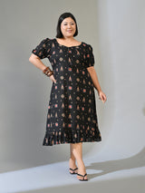 Kiara Black Multicolour Printed Cotton Midi Dress with Puff Sleeves