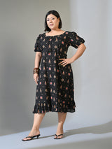 Kiara Black Multicolour Printed Cotton Midi Dress with Puff Sleeves