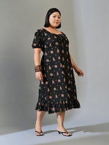 Kiara Black Multicolour Printed Cotton Midi Dress with Puff Sleeves