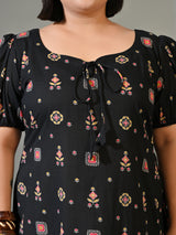 Kiara Black Multicolour Printed Cotton Midi Dress with Puff Sleeves