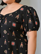 Kiara Black Multicolour Printed Cotton Midi Dress with Puff Sleeves